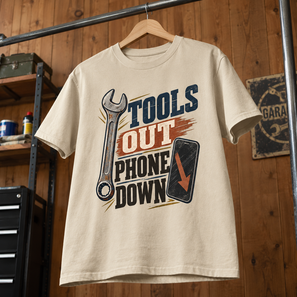 Cream vintage t-shirt hanging with printed Tools Out. Phone Down wrench and phone design.