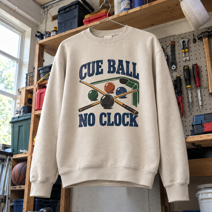 Cream vintage sweatshirt with printed Cue Ball No Clock design hanging in a workshop setting