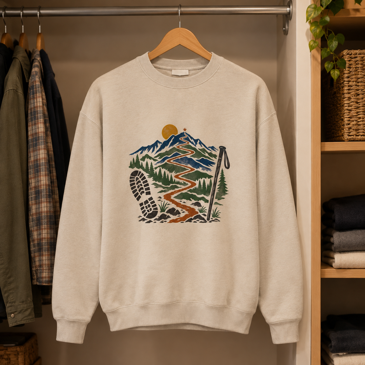 Cream vintage sweatshirt hanging with printed mountain hiking trail and boot print design