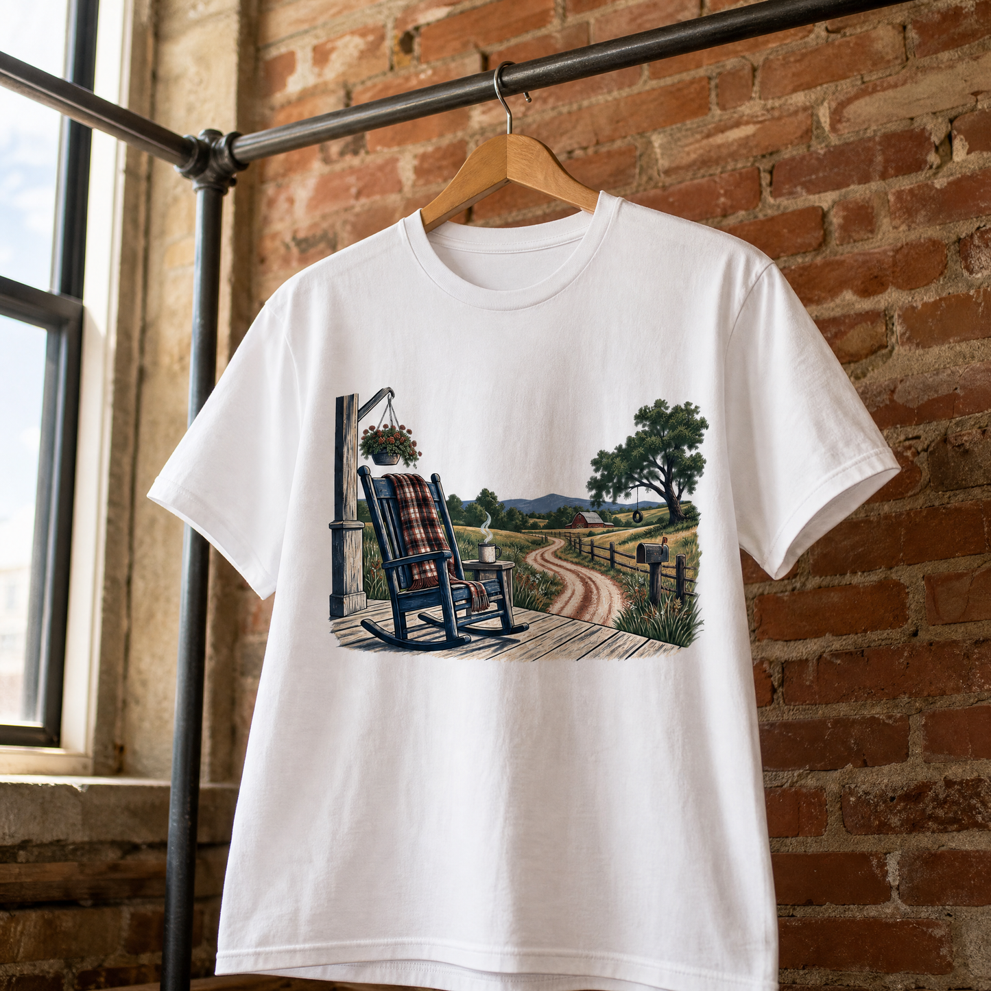 White vintage t-shirt hanging with printed rural porch and dirt road artwork design