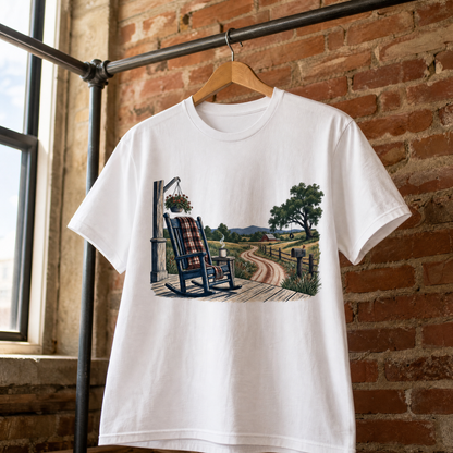 White vintage t-shirt hanging with printed rural porch and dirt road artwork design
