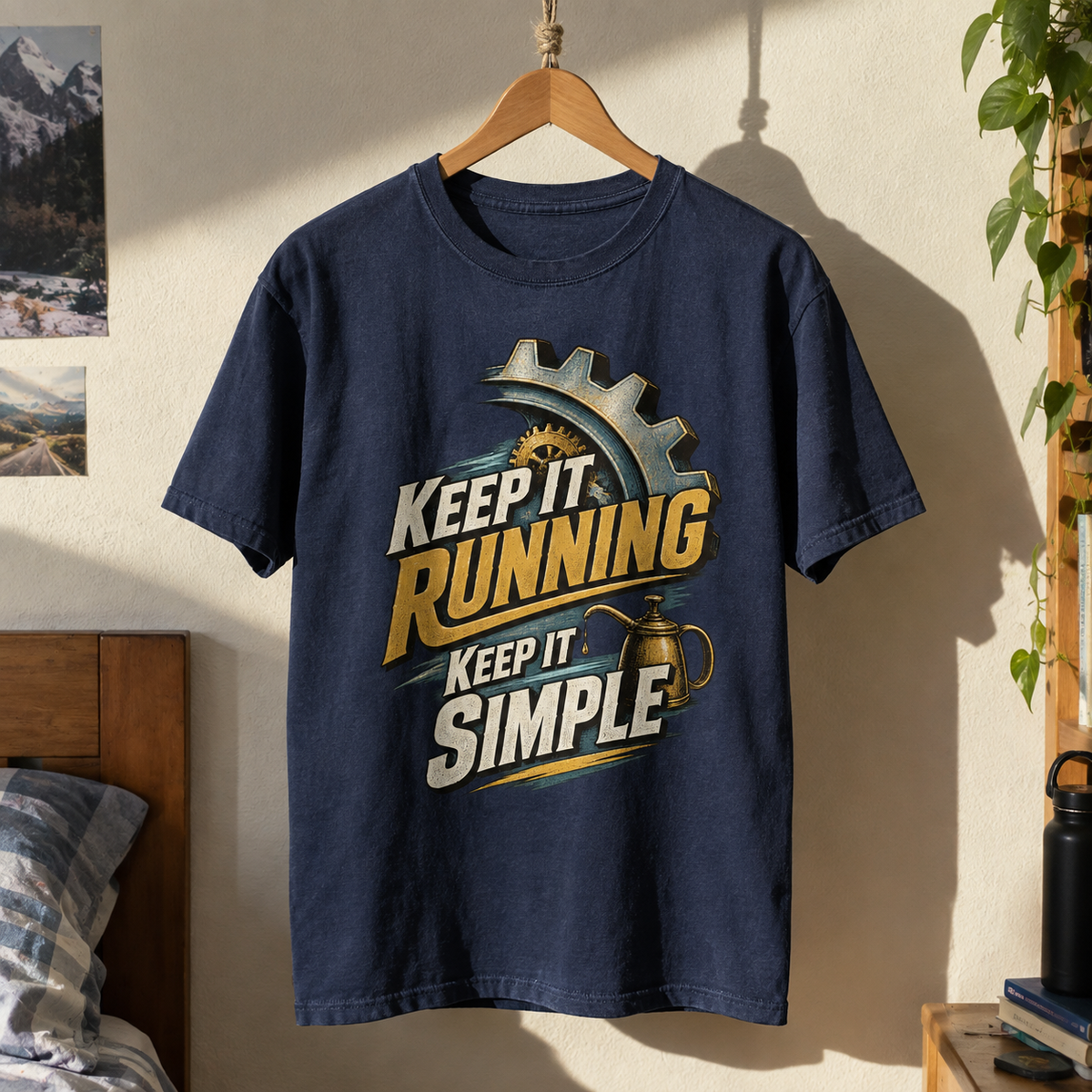 Navy vintage t-shirt with printed “Keep It Running. Keep It Simple” slogan, hanging front view