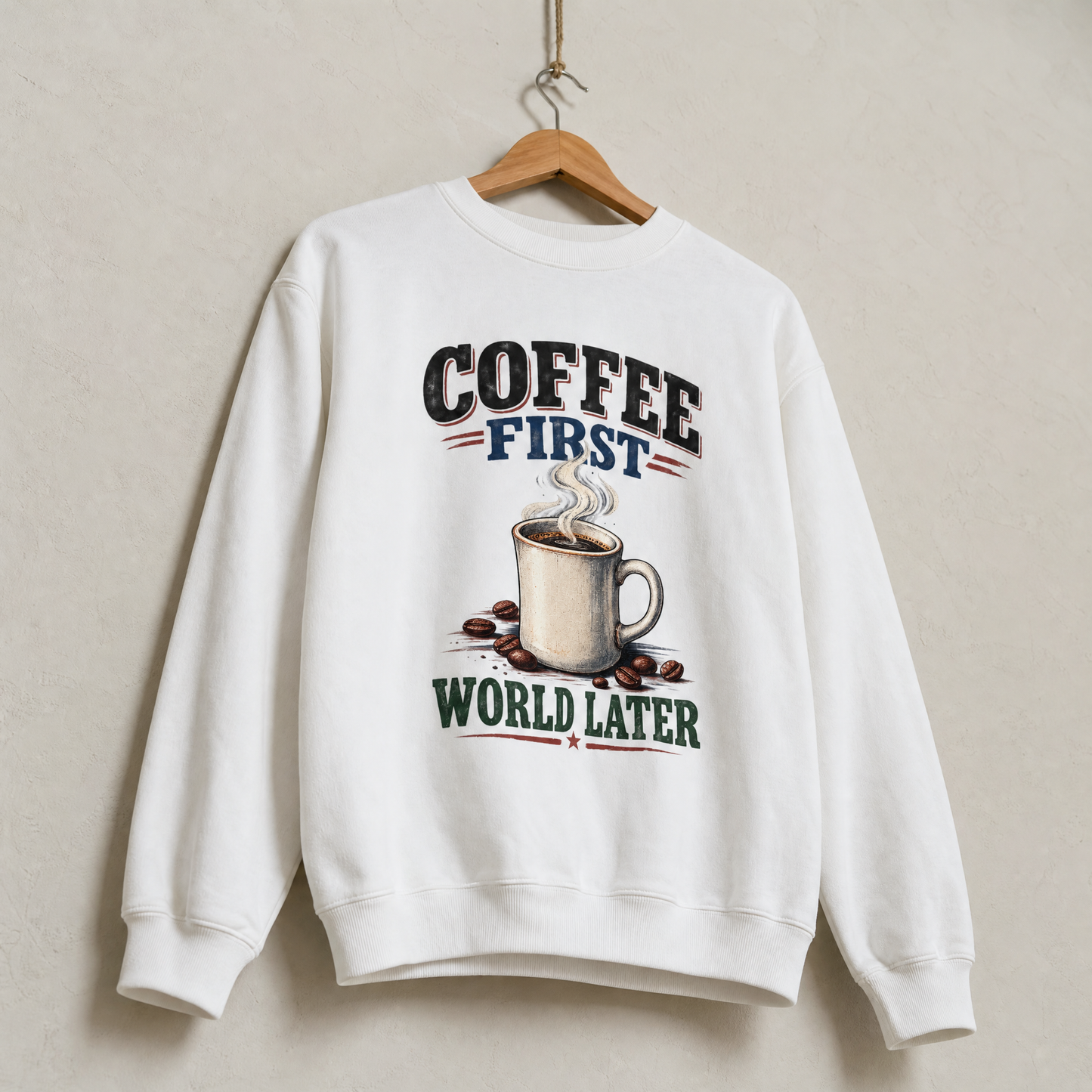 White vintage sweatshirt hanging with printed “Coffee First. World Later” coffee mug design