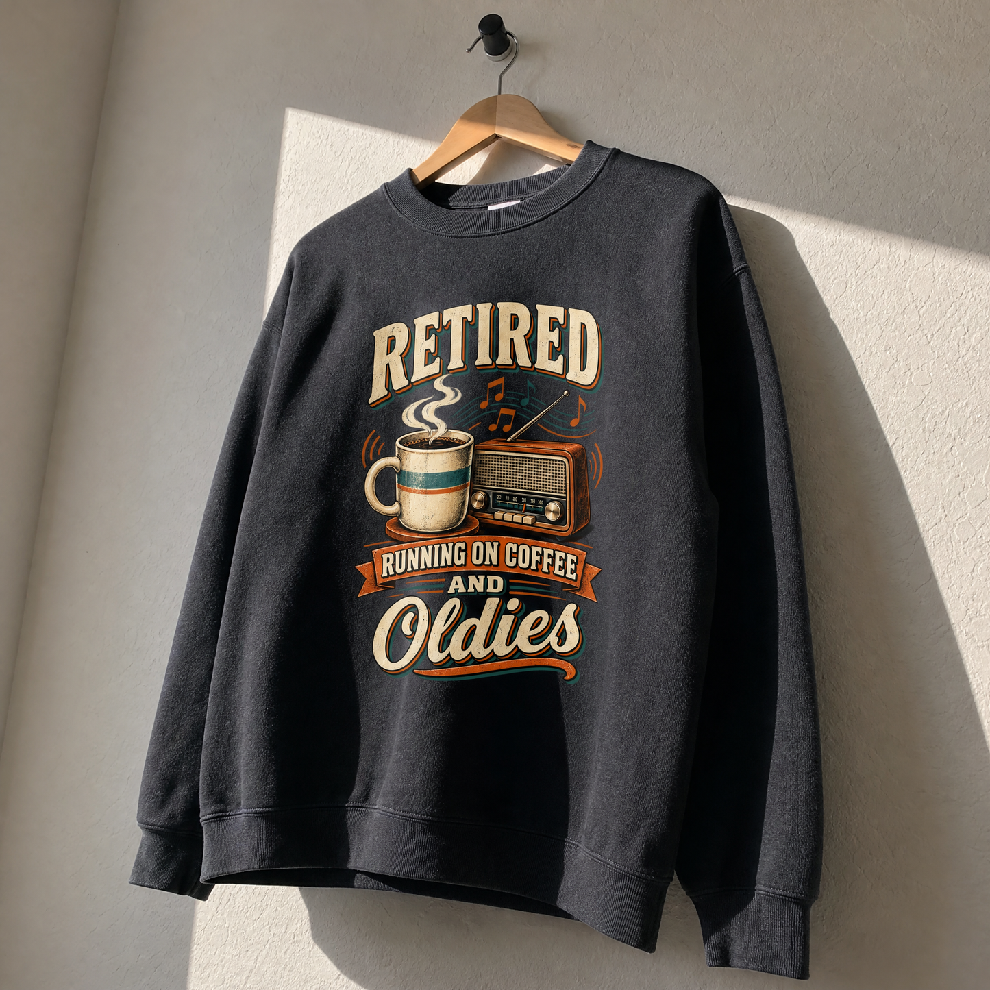 vintage sweatshirt on hanger with Retro Running On Coffee And Oldies printed design