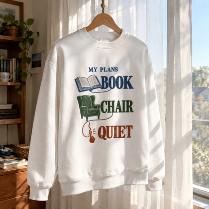 vintage sweatshirt on hanger with My Plans Book Chair Quiet printed design