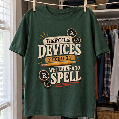 Green vintage t-shirt hanging with printed “Before Devices Fixed It We Learned To Spell” slogan