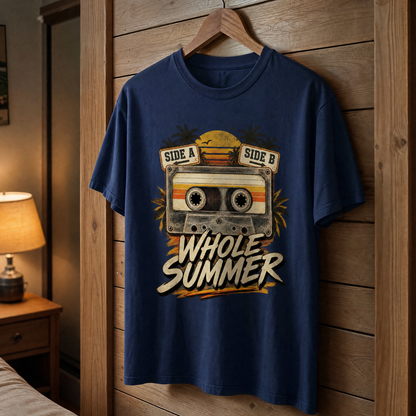 Side A Side B Whole Summer vintage t-shirt hanging with printed slogan in front view