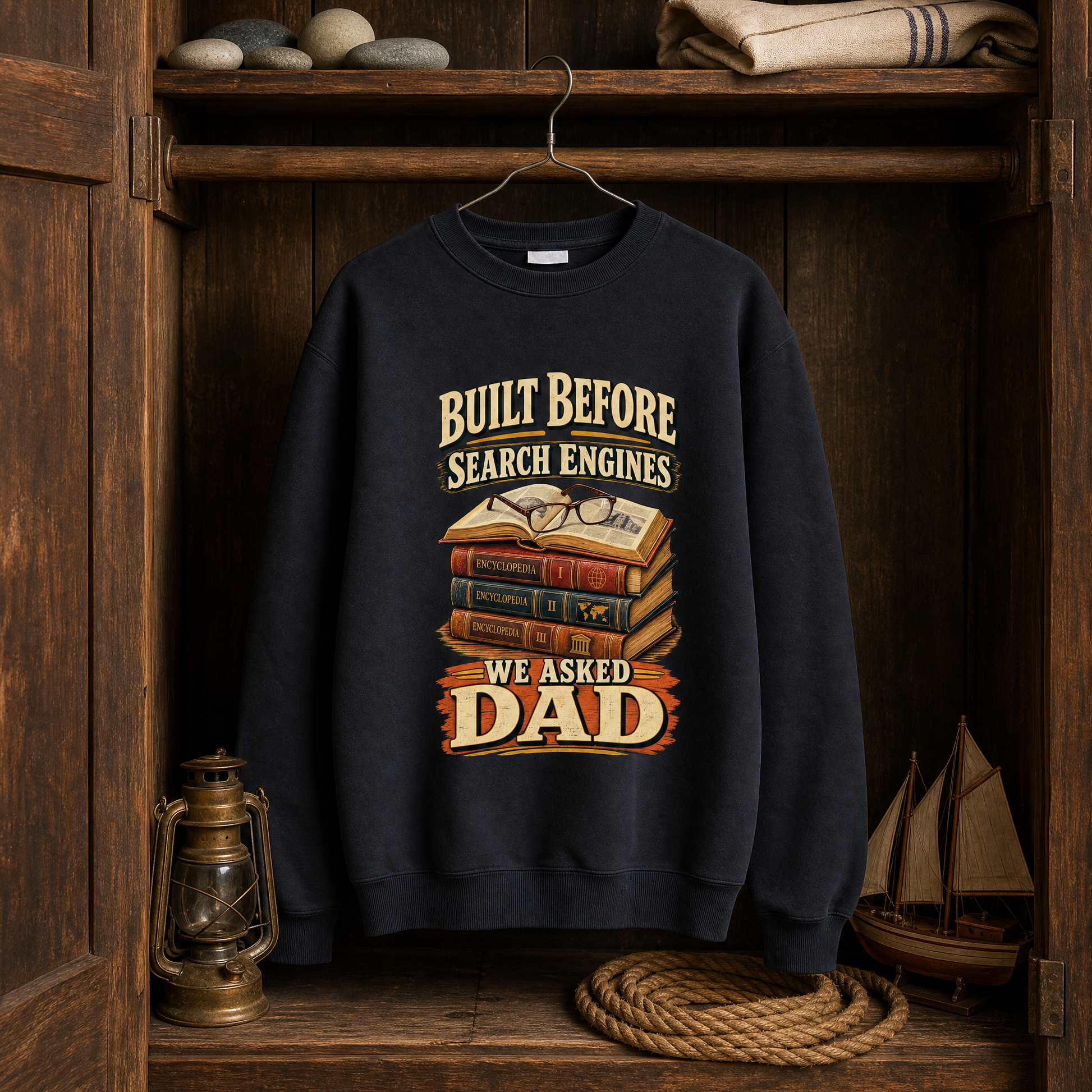 Black vintage sweatshirt with printed “Built Before Search Engines We Asked Dad” design, hanging view