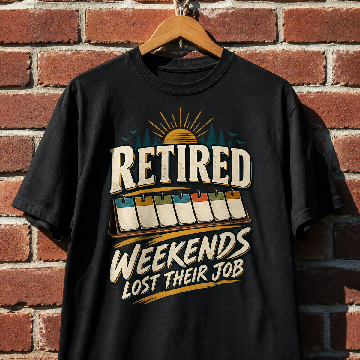 Black vintage t-shirt hanging on wooden hanger, printed with “Retired Weekends Lost Their Job” slogan.