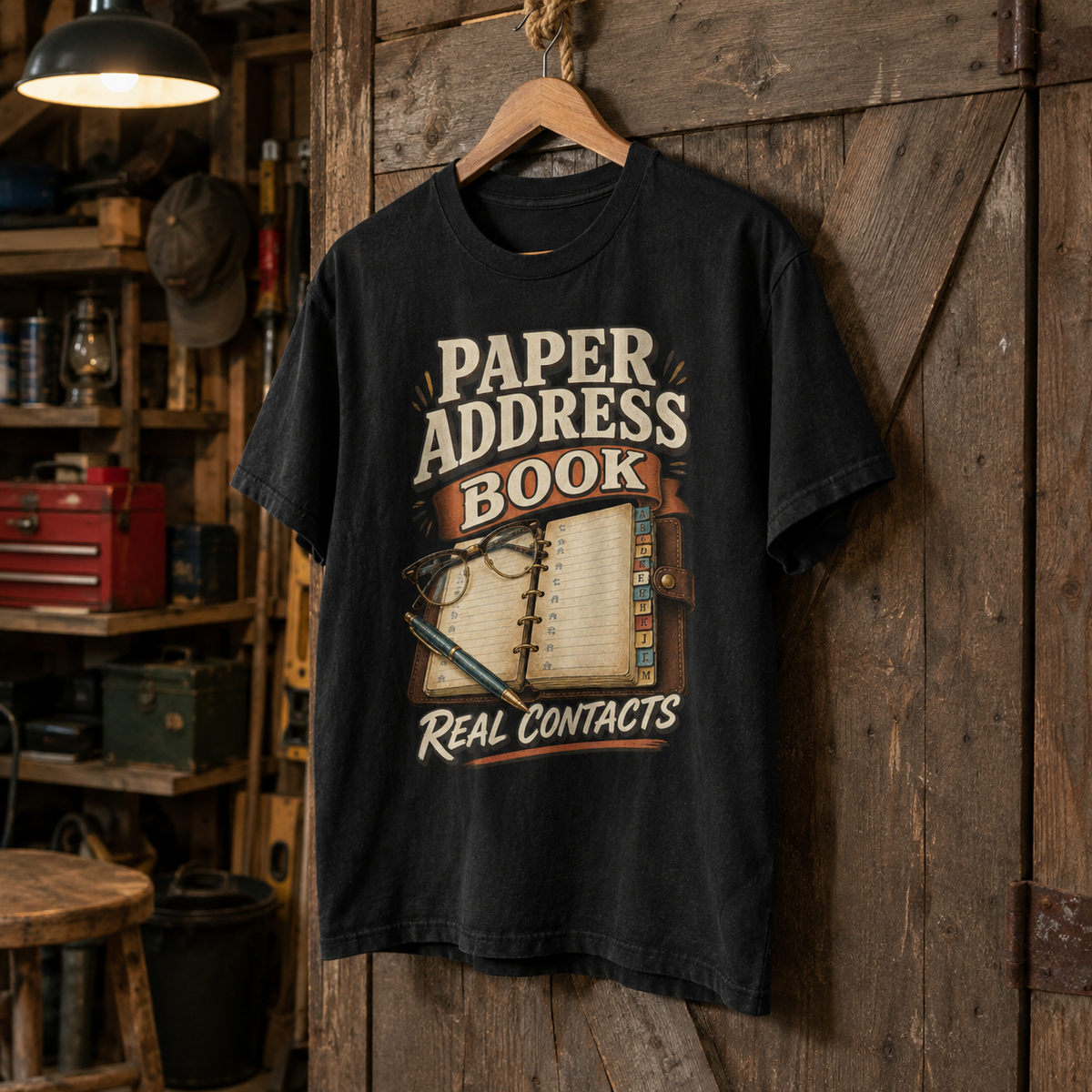 Black vintage t-shirt hanging with printed Paper Address Book Real Contacts design