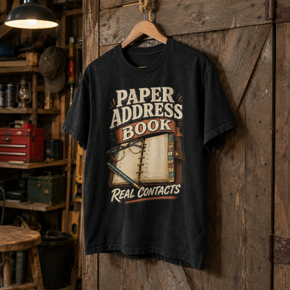 Black vintage t-shirt hanging with printed Paper Address Book Real Contacts design