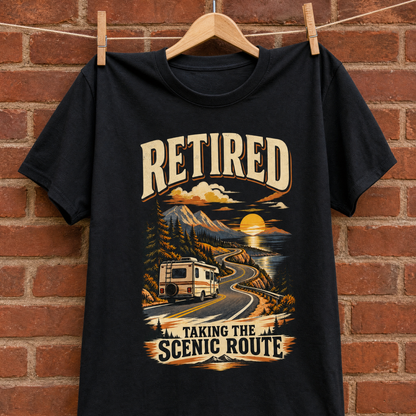 Black vintage t-shirt hanging on a wooden hanger with printed Retired Taking the Scenic Route