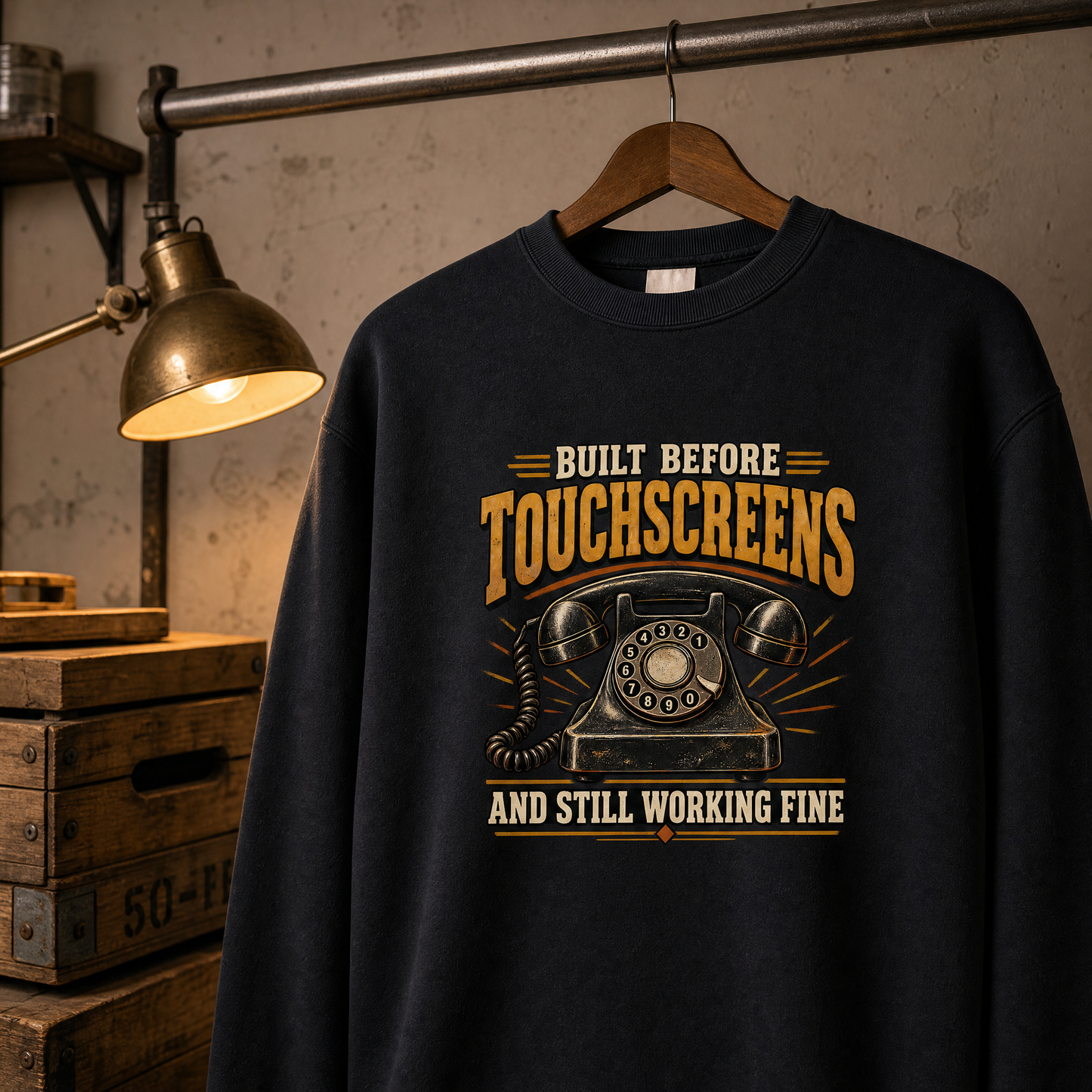 Black vintage sweatshirt hanging with printed “Built Before Touchscreens And Still Working Fine” rotary phone design