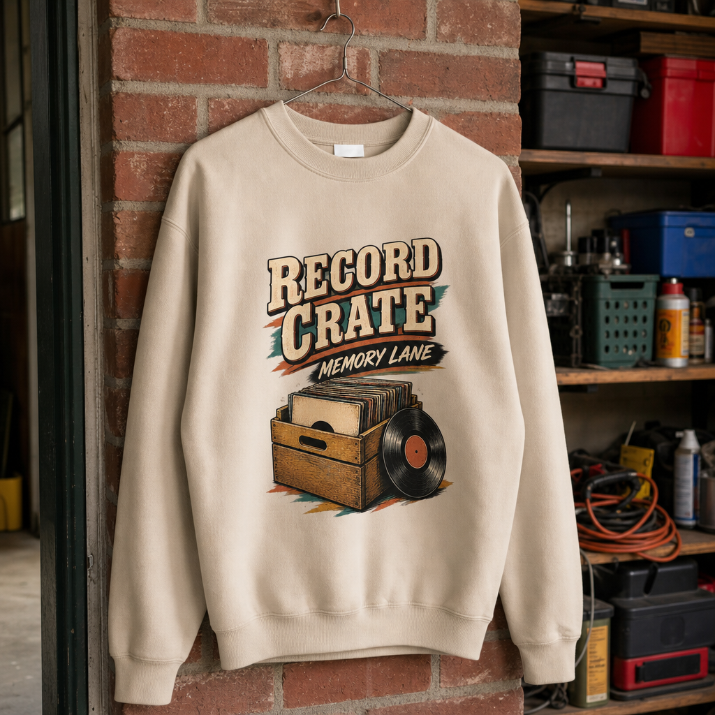 Cream vintage sweatshirt hanging with printed Record Crate Memory Lane design and vinyl record illustration