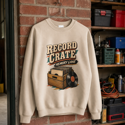 Cream vintage sweatshirt hanging with printed Record Crate Memory Lane design and vinyl record illustration