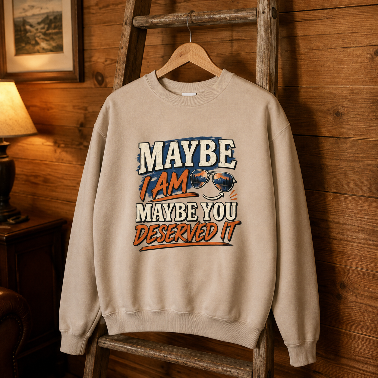 Beige vintage sweatshirt hanging on ladder with “Maybe I Am. Maybe You Deserved It” print.