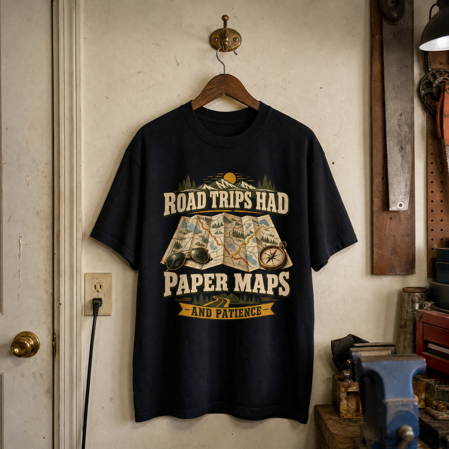 Black vintage t-shirt hanging with printed “Road Trips Had Paper Maps And Patience” design