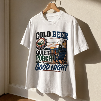 White vintage t-shirt hanging with printed Cold Beer Quiet Porch Good Night design