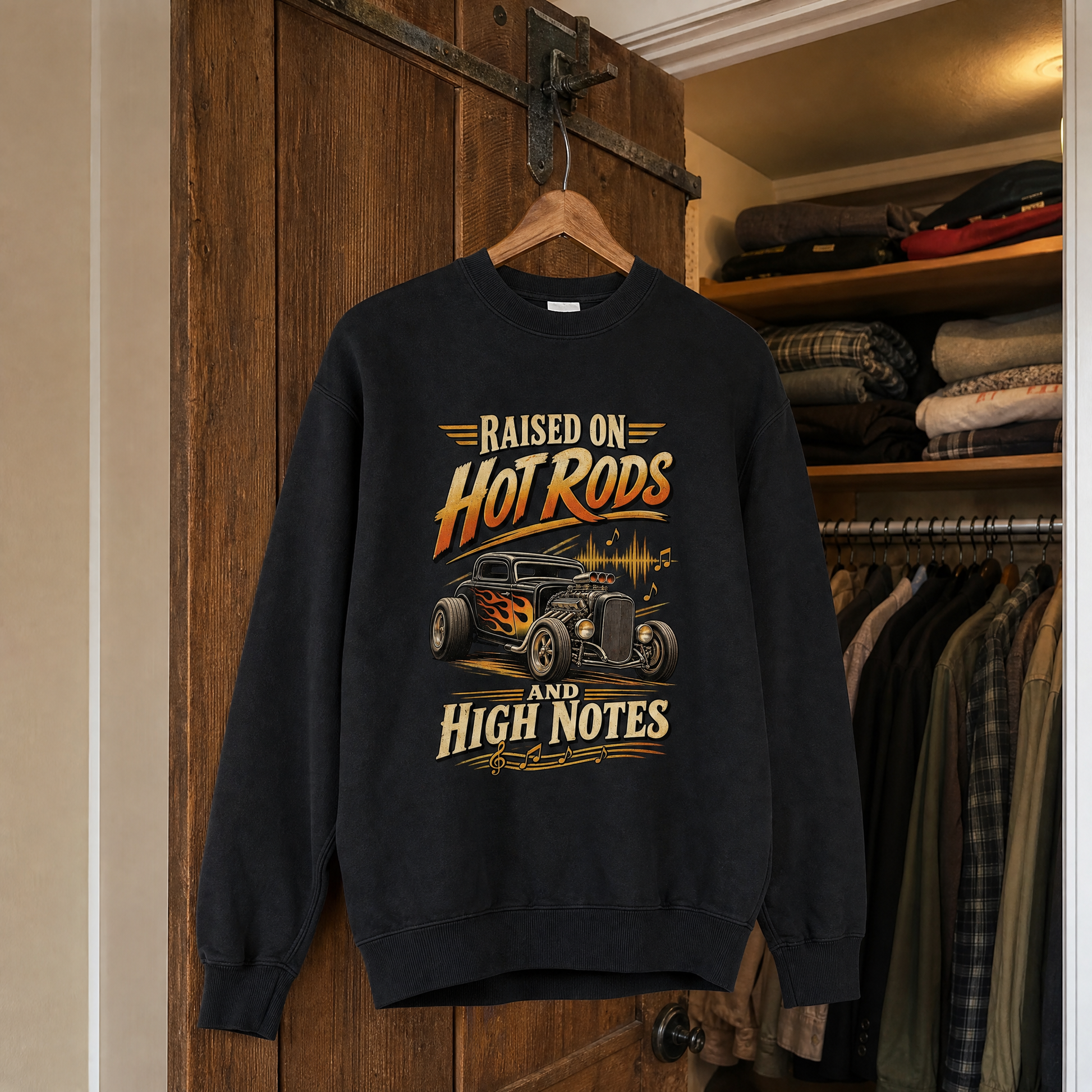 36 Hot Rods and High Notes printed vintage sweatshirt hanging view