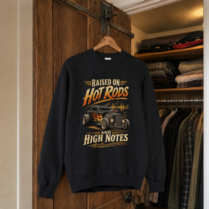 36 Hot Rods and High Notes printed vintage sweatshirt hanging view