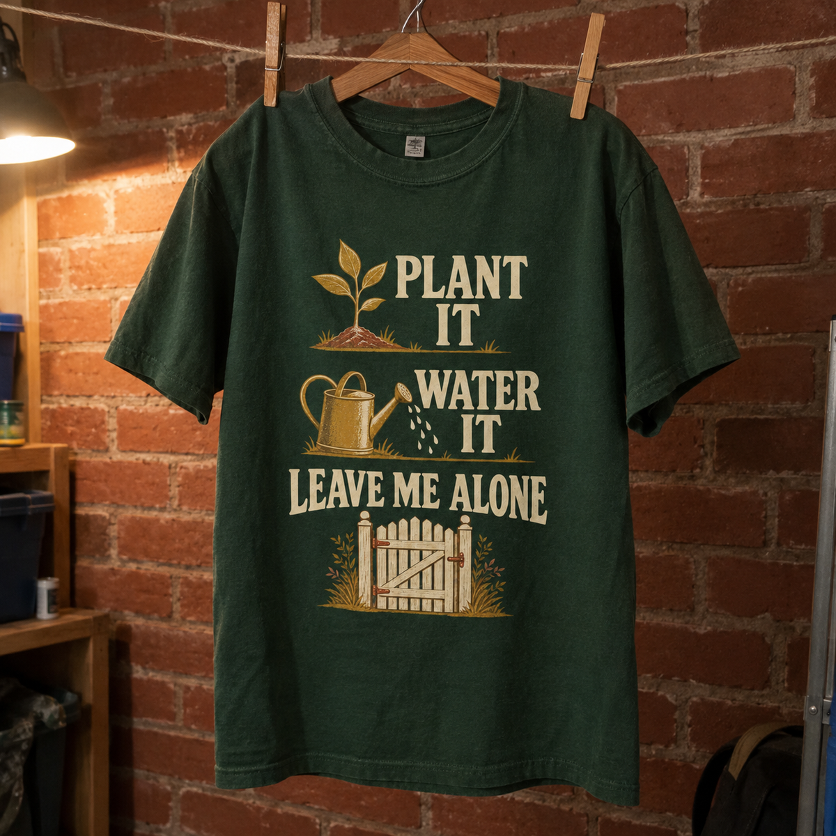 Dark green vintage t-shirt hanging with printed Plant It Water It Leave Me Alone slogan.