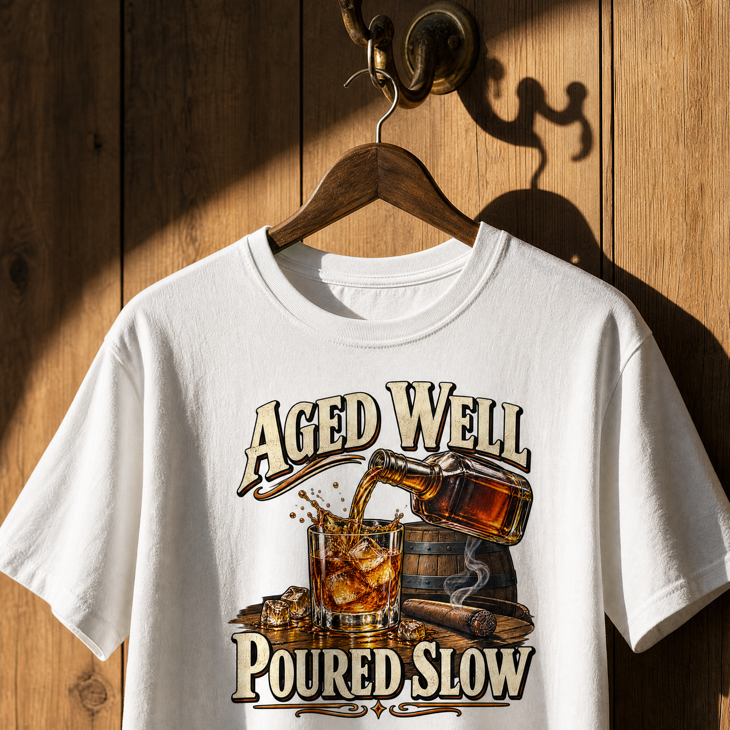White vintage t-shirt hanging on wooden hanger, printed Aged Well. Poured Slow whiskey design