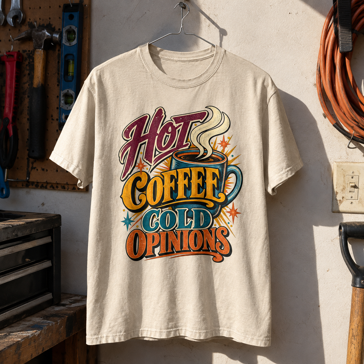 Vintage t-shirt in cream with printed Hot Coffee Cold Opinions design, hanging in workshop setting