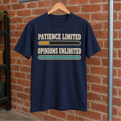 Navy vintage t-shirt with printed “Patience Limited Opinions Unlimited” slogan hanging against brick wall