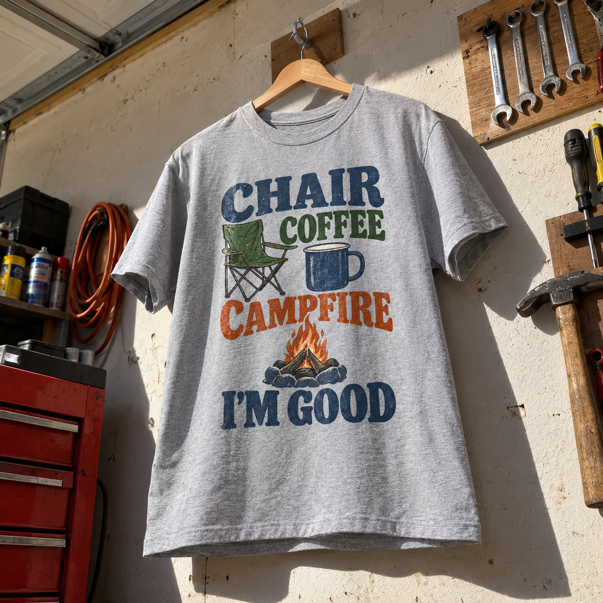vintage t-shirt on hanger with Chair Coffee Campfire. I'm Good printed design