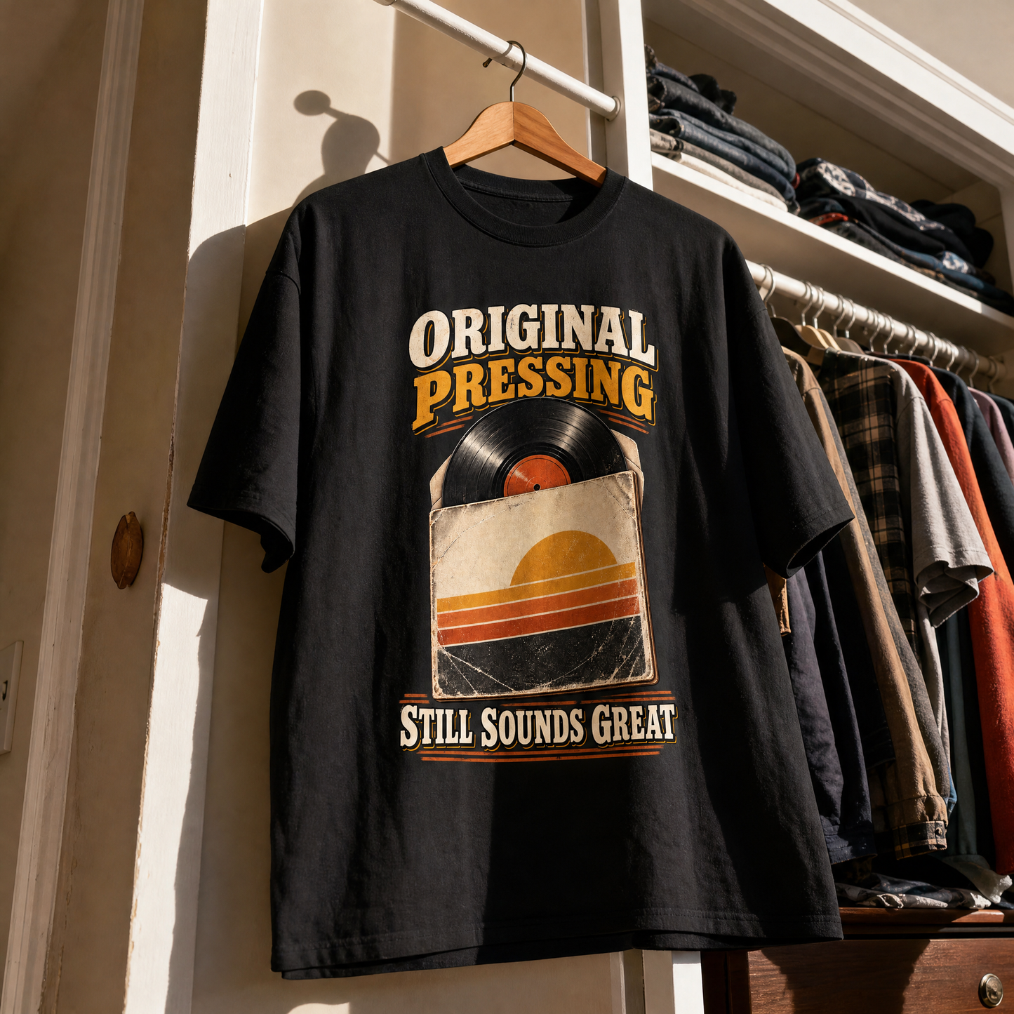 Vintage t-shirt with printed “43 original pressing ideogram 4x” design, hanging view