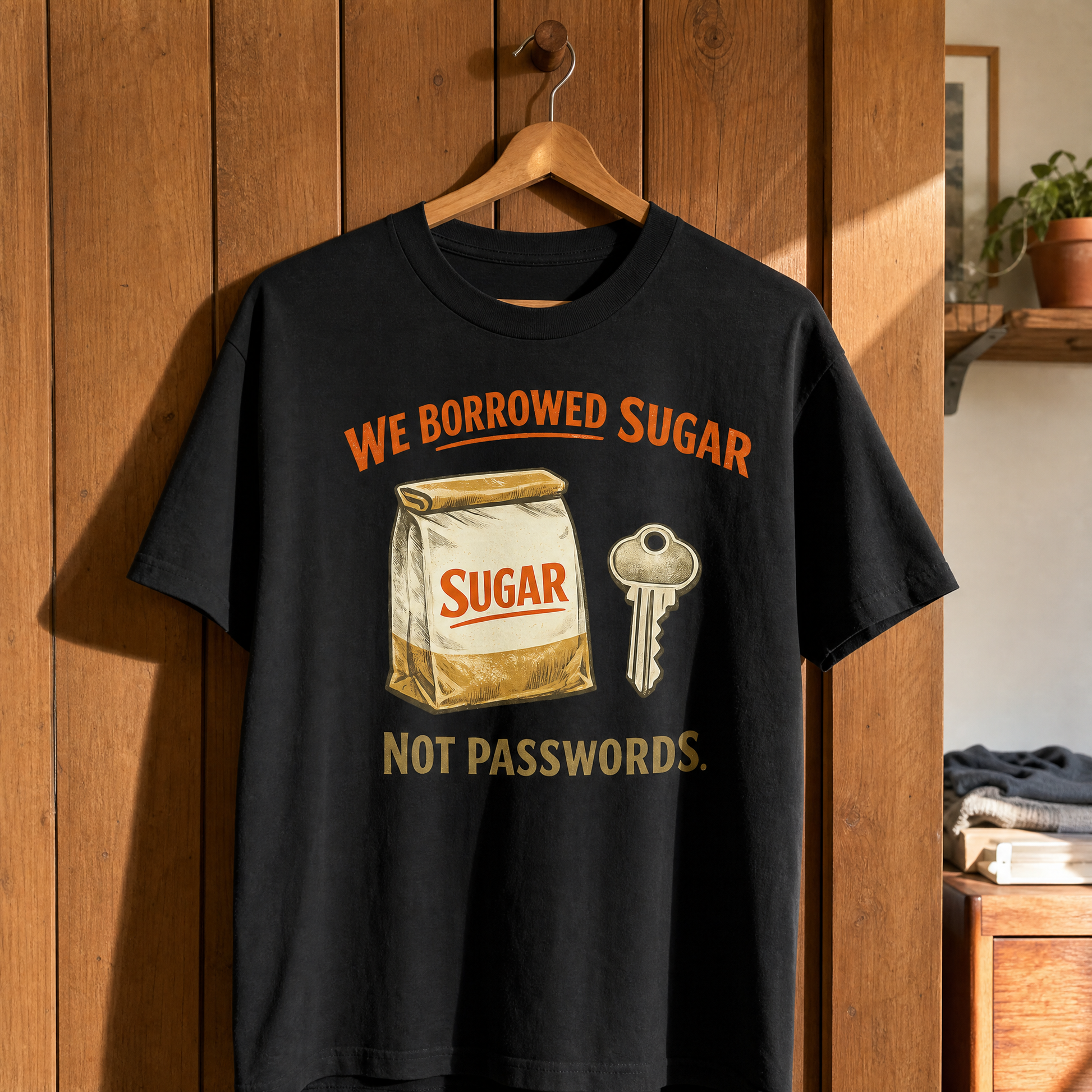 Black vintage t-shirt hanging on wooden wall, printed with “We Borrowed Sugar Sugar Not Passwords.”