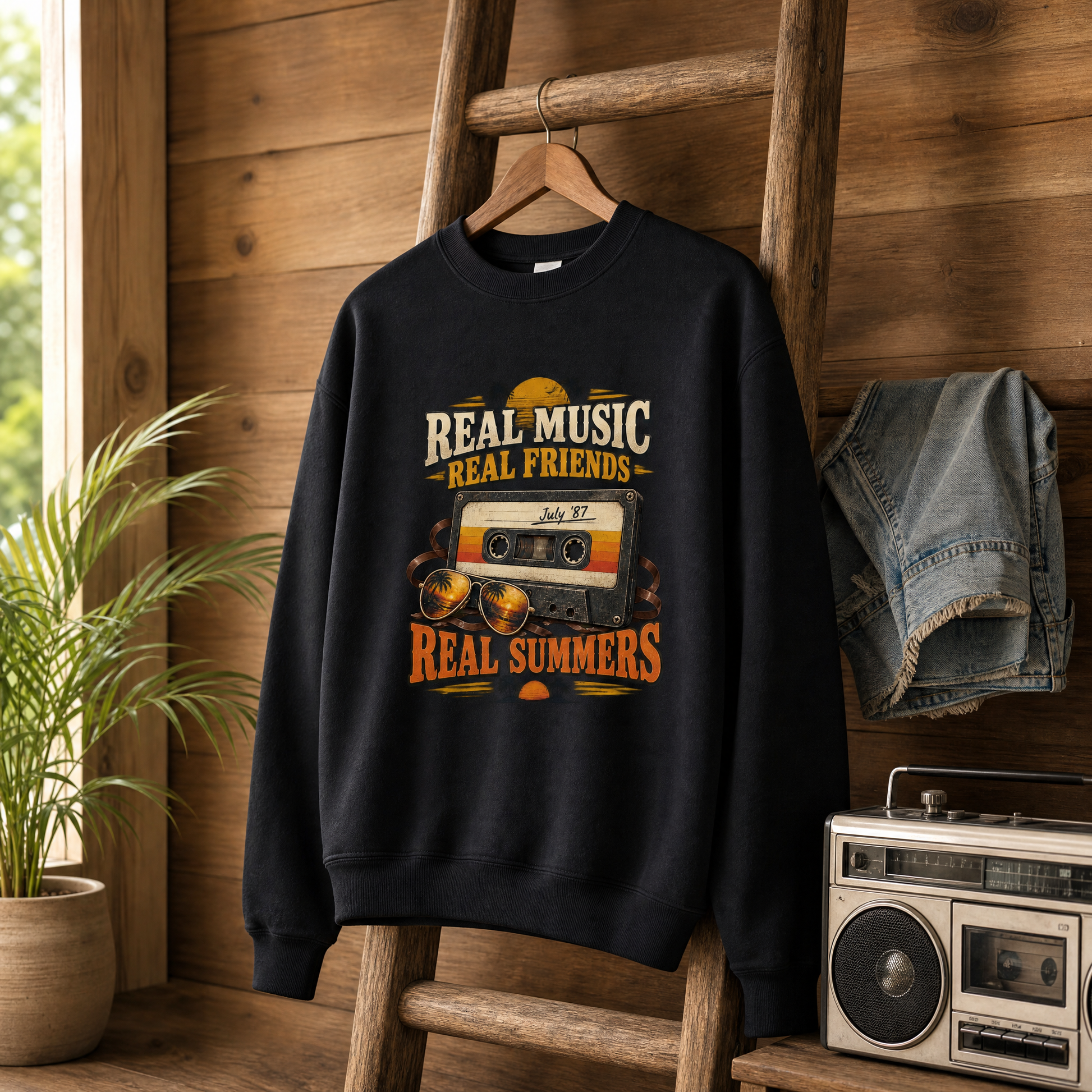 Black vintage sweatshirt hanging with printed Real Music Real Friends July ’87 Real Summers design