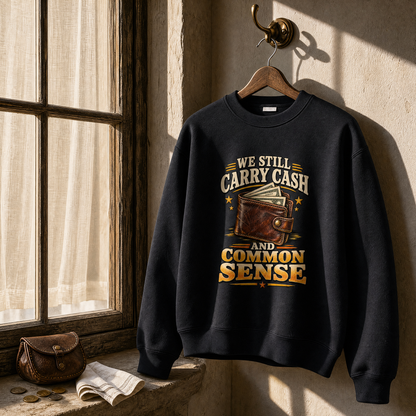 Black vintage sweatshirt with printed cash wallet design and “We Still Carry Cash And Common Sense” slogan hanging.