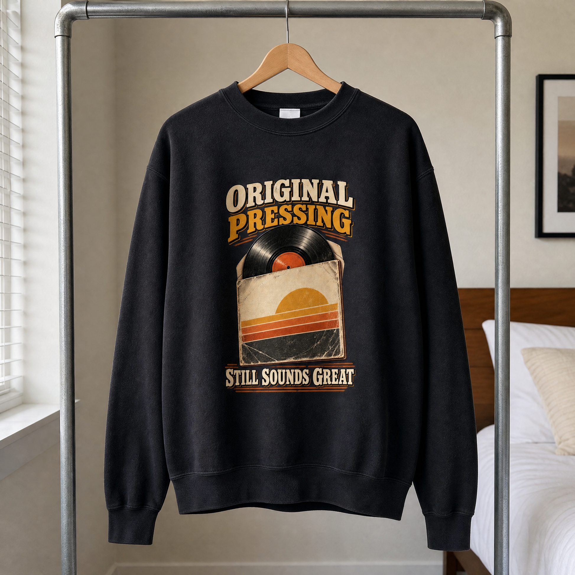 Vintage sweatshirt hanging with printed “43 original pressing ideogram 4x” design, front view