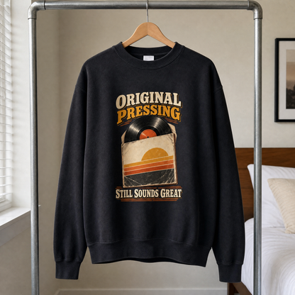 Vintage sweatshirt hanging with printed “43 original pressing ideogram 4x” design, front view