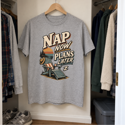 Gray vintage t-shirt hanging in closet with printed Nap Now Plans Later design