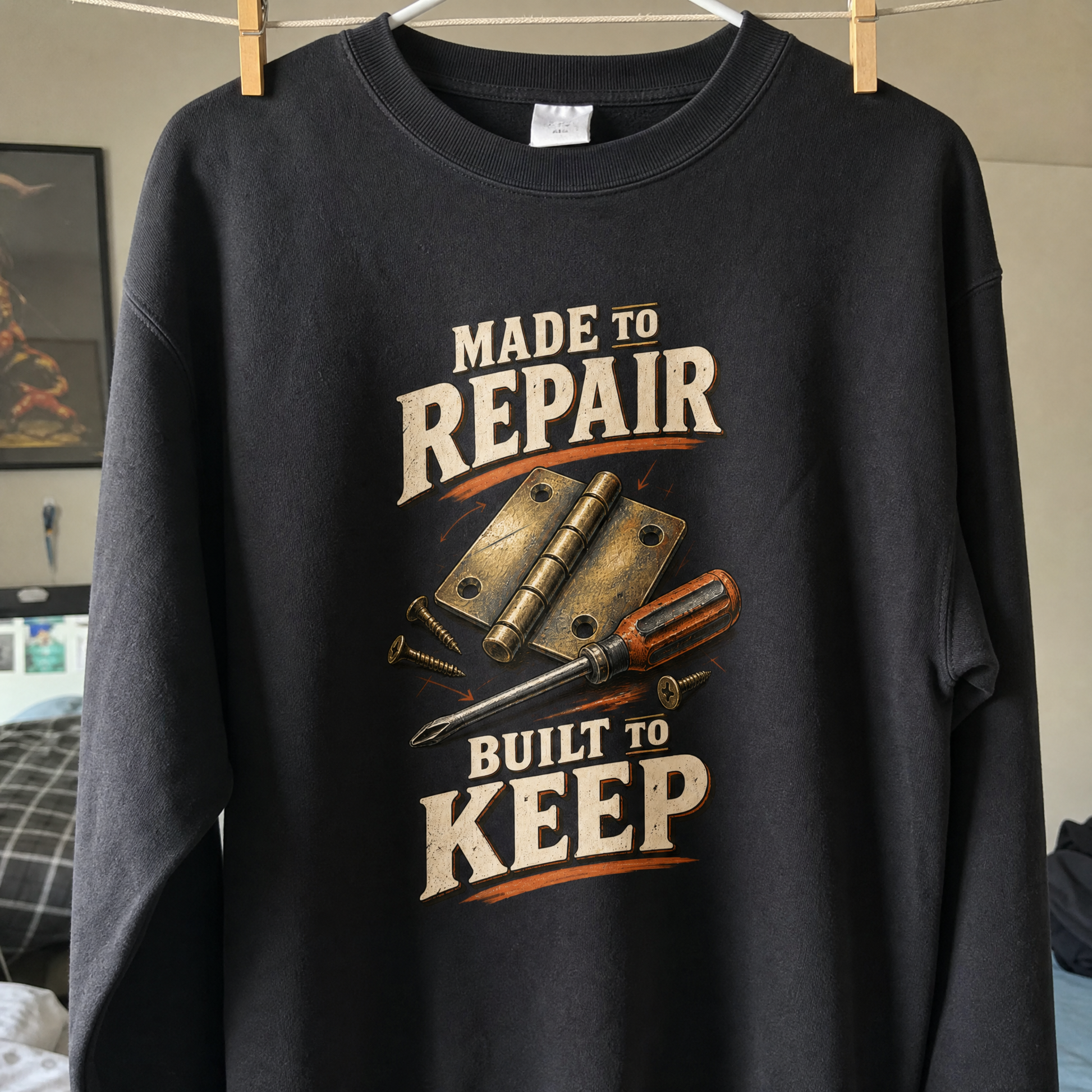 Black vintage sweatshirt hanging with printed “Made To Repair. Built To Keep” design and repair tools