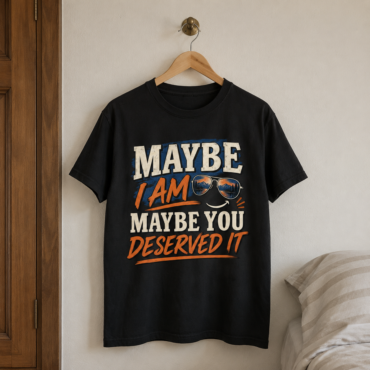 Black vintage t-shirt hanging with printed Maybe I Am Maybe You Deserved It slogan