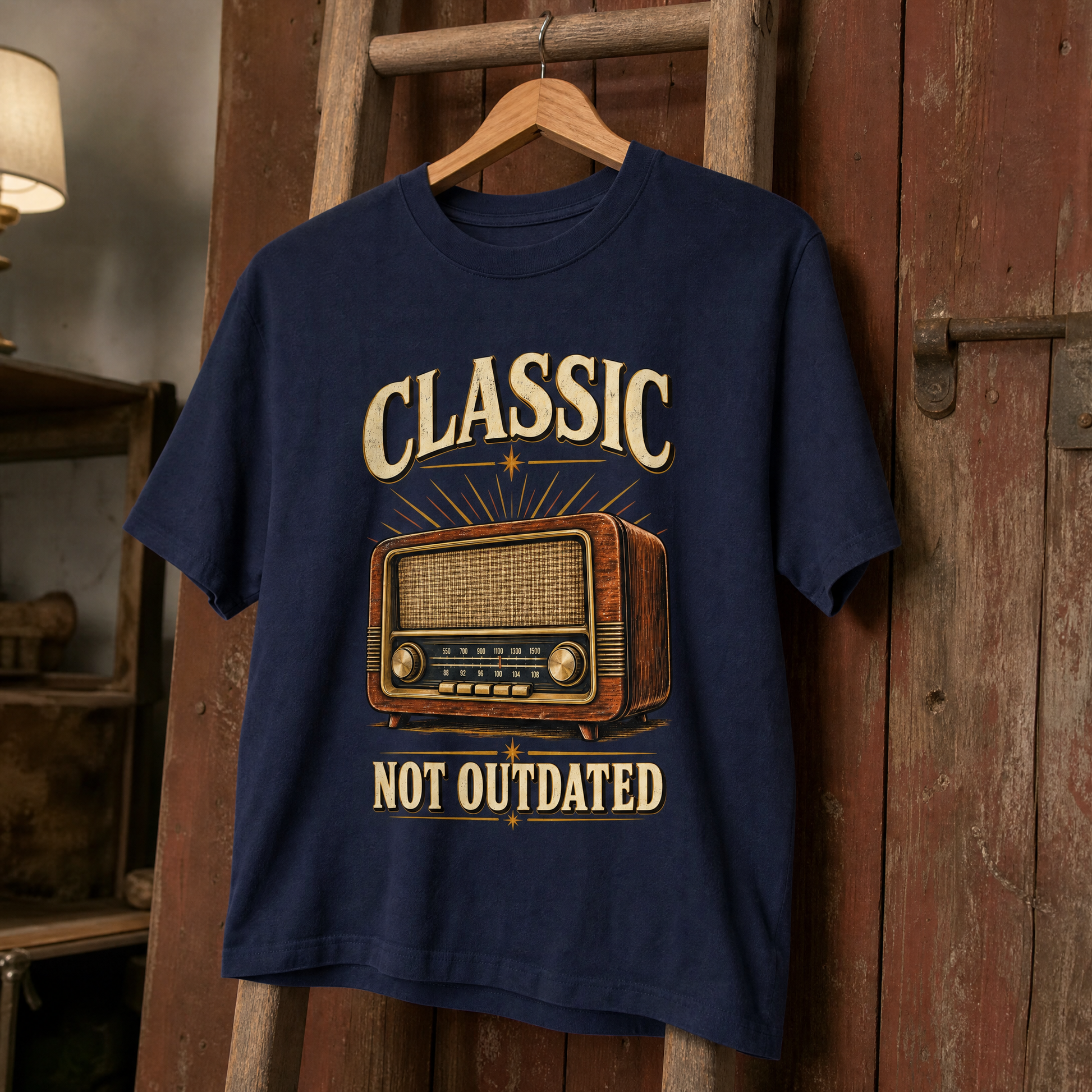 Hanging vintage t-shirt featuring printed “44 classic not outdated” slogan in a classic design