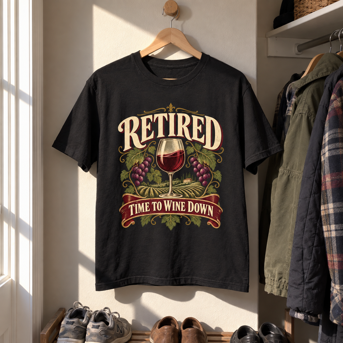 Black vintage t-shirt hanging with printed Retired Time To Wine Down wine glass design