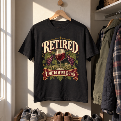 Black vintage t-shirt hanging with printed Retired Time To Wine Down wine glass design