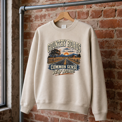 Hanging vintage sweatshirt with Country Roads Common Sense Way Home printed design