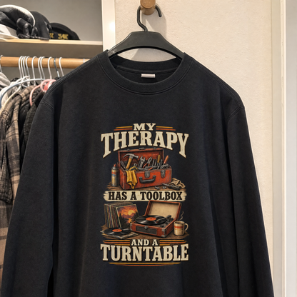 vintage sweatshirt on hanger with 33 toolbox and turntable ideogram 4x printed design
