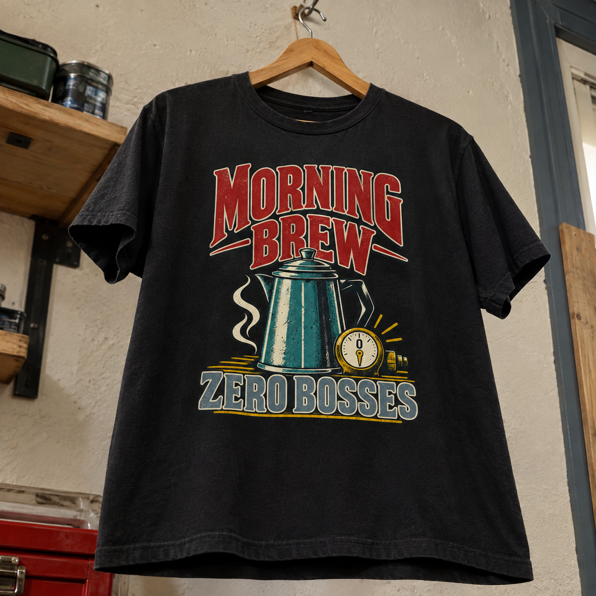 Black vintage t-shirt hanging, printed Morning Brew Zero Bosses coffee kettle graphic
