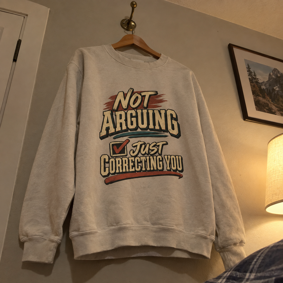 Vintage sweatshirt hanging with printed “NOT ARGUING JUST CORRECTING YOU” slogan