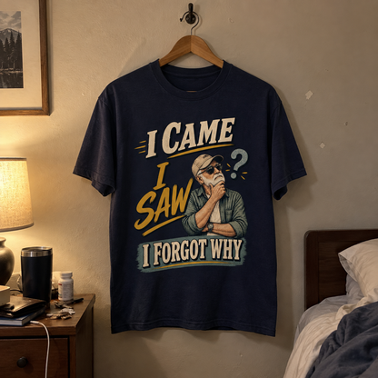 Hanging navy vintage t-shirt printed with I Came I Saw I Forgot Why and an older man