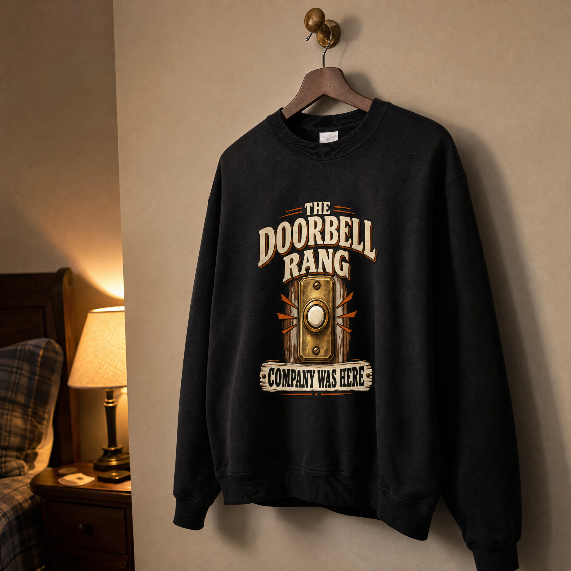 Black vintage sweatshirt with printed doorbell design and “Company Was Here” slogan, hanging view