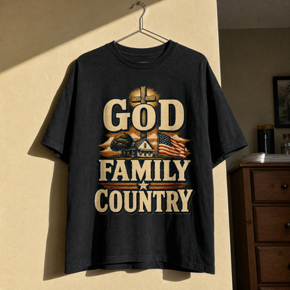 Black vintage t-shirt with printed God Family Country slogan hanging display