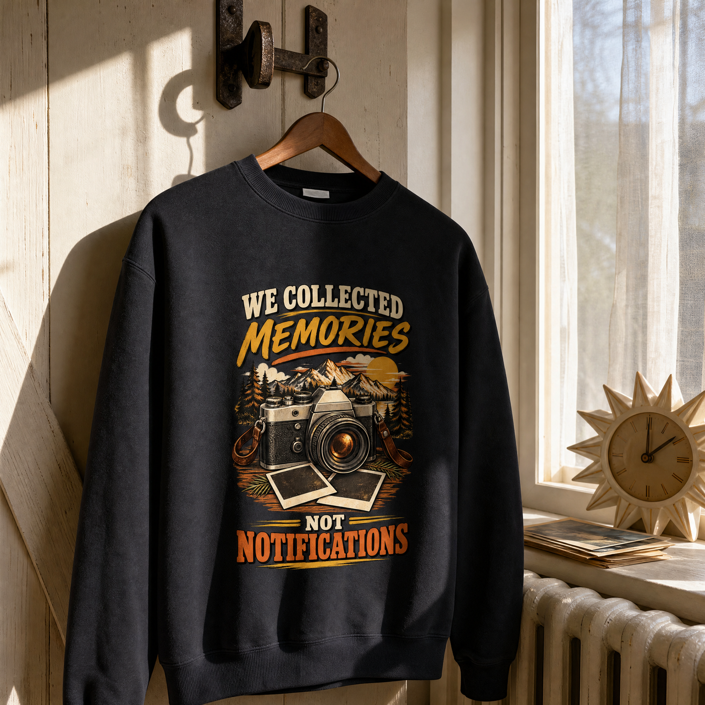 Black vintage sweatshirt hanging, printed with “We Collected Memories Not Notifications” and camera mountain design.