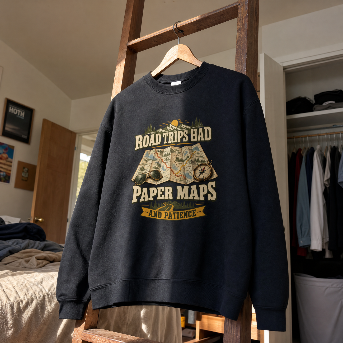 Black vintage sweatshirt hanging with printed Road Trips Had Paper Maps And Patience design